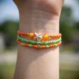 Handmade Orange Green Beaded Bracelet Set, Starfish & Heart Charms, Boho Ocean Jewelry