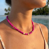Pink Beaded Gold Star Necklace, Hot Pink Choker Bead Jewelry, Cute Minimalist, Metal-Plated Clasp w/ Extension Chain