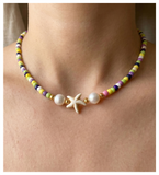 Handcrafted Coastal Starfish Beaded Necklace, Metal-Plated Clasp w/ Extension Chain
