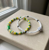 Handmade Green & White Beaded Bracelet Set (2 pcs) – Dice Charm, Striped Beads & Fun Star Accents, Playful Jewelry Gift for Kids/Teens