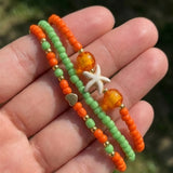 Handmade Orange Green Beaded Bracelet Set, Starfish & Heart Charms, Boho Ocean Jewelry