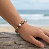Handmade Wood and Pearl Beaded Bracelet Earth Tone Gemstone Seashell Charm Jewelry Coastal Boho Style