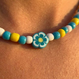 Blue Beaded Necklace with Daisy Charm, Minimalist Cute Seed Bead Summer Jewelry, Metal-Plated Clasp, Extension Chain