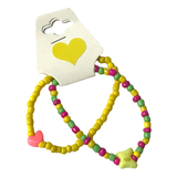 Handmade Yellow Pink Green Beaded Bracelet Set, Heart & Star Charm, Playful Boho Jewelry