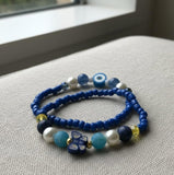 Handmade 2-Piece Blue Beaded Bracelet Set with Pearl-Style, Evil Eye & Butterfly Accents – Gift Jewelry, Boho Fashion Style