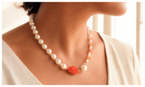 Handcrafted Classic-Modern Pearl Necklace w/ Glass Crystal Beads, Metal-Plated Clasp w/ Extension Chain