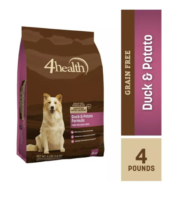 4health 2236 Grain Free Adult Duck and Potato Formula Dry Dog Food, 4 lb. Bag