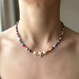 Handmade Beaded Necklace -  Multicolor, Starfish Charm and Faux Pearls