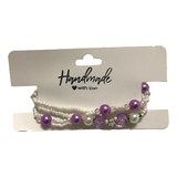 Handmade White Seed Bead Purple Pearl-Like Bracelet Set, Crystal Accents, Boho Ocean Jewelry