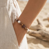 Handmade Wood and Pearl Beaded Bracelet Earth Tone Gemstone Seashell Charm Jewelry Coastal Boho Style