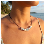 Minimalist Floral Design Necklace with Acrylic White Pearl Beads, Black Cord, Lobster Claw with Extension Chain