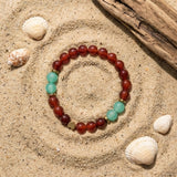 Handmade Red & Turquoise Beaded Bracelet, Gold Heart Charm Jewelry Boho Gemstone Stackable