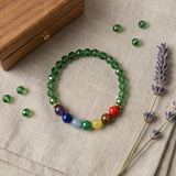 Green Crystal and 7 Chakra Gemstone Bracelet Natural Stone Beaded Handmade Stacking Jewelry Boho Style
