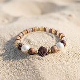 Handmade Wood and Pearl Beaded Bracelet Earth Tone Gemstone Seashell Charm Jewelry Coastal Boho Style