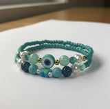 Handmade 2-Piece Turquoise Bracelet Set with White & Blue Beads, Evil Eye & Star Accents – Gift Jewelry, Boho Chic Style