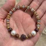 Handmade Wood and Pearl Beaded Bracelet Earth Tone Gemstone Seashell Charm Jewelry Coastal Boho Style