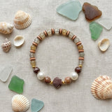 Handmade Wood and Pearl Beaded Bracelet Earth Tone Gemstone Seashell Charm Jewelry Coastal Boho Style