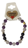 Purple & Pink Beaded Bracelet, Natural Stone Stretch Gemstone with Gold Heart Charm, Minimalist Boho Stackable, Gift for Women