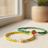 Handmade Green Yellow Beaded Bracelet Set, Fruit Charms, Playful Boho Jewelry