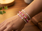 Handmade Pink White Beaded Bracelet Set, Heart Charm, Boho Ocean Jewelry