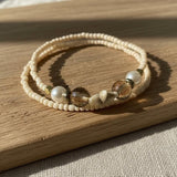 Neutral Tones Beaded Bracelet Set, Handmade Glass & Pearl Accent, Coastal Minimalist Boho Stackable Jewelry