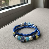 Handmade 2-Piece Blue Beaded Bracelet Set with Pearl-Style, Evil Eye & Butterfly Accents – Gift Jewelry, Boho Fashion Style