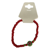 Handmade Red Beaded Bracelet, Green Accents, Floral Centerpiece Playful Boho Jewelry