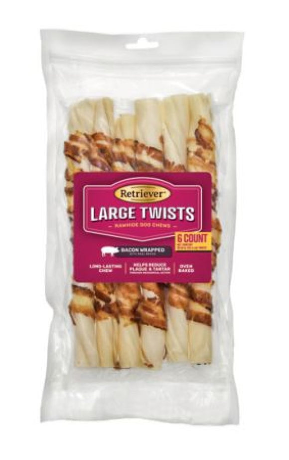 Retriever Large Twists Oven-Baked Real Bacon Wrapped Rawhide Dog Chews - 6 Count