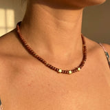 Brown Seed Bead Necklace with Gold Star Charms, Dainty Beaded Jewelry Metal-Plated Clasp w/ Extension Chain