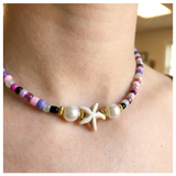 Handcrafted Lavender Coast Starfish and Pearl-like Necklace, Metal-Plated Clasp w/ Extension Chain
