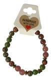 Earth Tone Beaded Bracelet, Green Pink Natural Stone with Heart Charm Stretch Gemstone, Boho Handmade Jewelry, Stackable