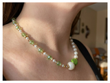 Handcrafted Spring Leaf and Pearl Necklace with Faceted Crystal Beads, Metal-Plated Clasp w/ Extension Chain