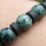 Handmade Boho Bracelet – Greenish-Gray Speckled K2-Style Beads with Dark Spacer Accents & Gray Heishi
