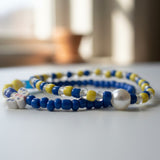 Handmade Blue Yellow Beaded Bracelet Set, Heart and Butterfly Charms, Pearl-Like Accents, Playful Boho Jewelry