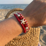 Handmade Red White Gold Beaded Bracelet Set, Starfish Charm, Boho Ocean Jewelry