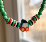 Boho Beaded Bracelet with Cherry Charm – Green Beads & Red-White-Green Accents, Handmade Elastic Jewelry