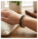 Handmade Black, Dark Grey, Light Amber Beaded Bracelet, Smoky Quartz & Obsidian Stack