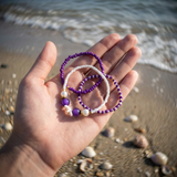 Handmade Purple White Gold Beaded Bracelet Set, Starfish Charm, Boho Ocean Jewelry