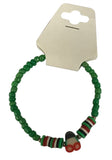 Boho Beaded Bracelet with Cherry Charm – Green Beads & Red-White-Green Accents, Handmade Elastic Jewelry