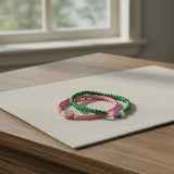 Handmade Pink Green Beaded Bracelet Set, Mushroom Charm & Pattern Accents, Playful Boho Jewelry