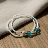 Handmade White Seed Bead Bracelet Set with Blue Glass Beads and Gold Heart Charm— Dainty Pearl Accent, Boho Coastal Jewelry