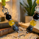 Handmade Beaded Bracelet – Yellow, Black, Clear & Marbled-Style Beads with Clear Butterfly Charm, Boho Jewelry