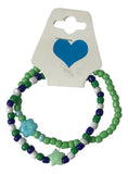 Handmade 2-Piece Colorful Beaded Bracelet Set Green White Blue with Star & Flower Accent Friendship Gift