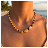 Handcrafted Classic Yellow Pearl Necklace w/ Glass Crystal Beads, Metal-Plated Clasp w/ Extension Chain