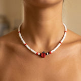 Ladybug Charm Beaded Necklace, White Seed Bead Choker Jewelry, Metal-Plated Clasp w/ Extension Chain