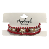 Handmade Red White Gold Beaded Bracelet Set, Starfish Charm, Boho Ocean Jewelry