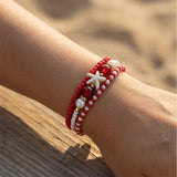 Handmade Red White Gold Beaded Bracelet Set, Starfish Charm, Boho Ocean Jewelry