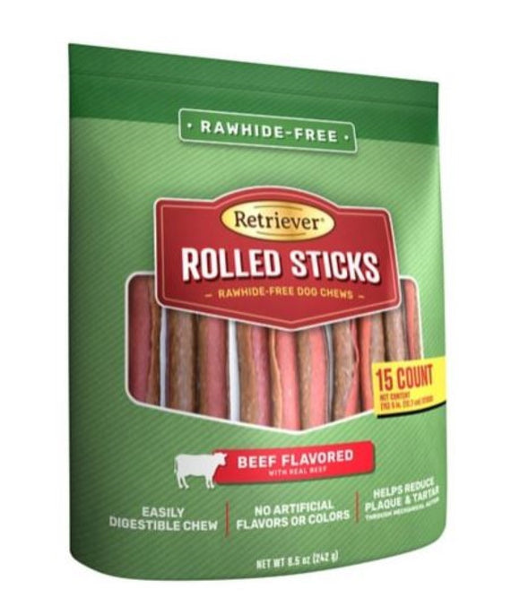 Retriever Rolled Sticks 661TSC Rawhide-Free Beef Flavor Dog Chews - 15 Count