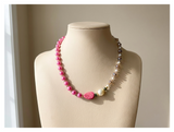 Handcrafted Pink Pearl Necklace with Faceted Crystal Beads, Metal-Plated Clasp w/ Extension Chain