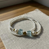 Handmade White Beaded Bracelet with Blue Cube Beads, Pearl Accents & Gold-Tone Spacers - Cute Friendship Jewelry Gift